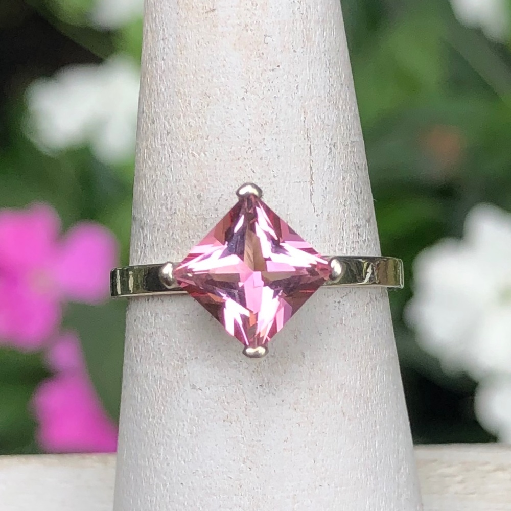Pink Topaz Princess Cut Ring in silver with pretty vintage style scroll detail
